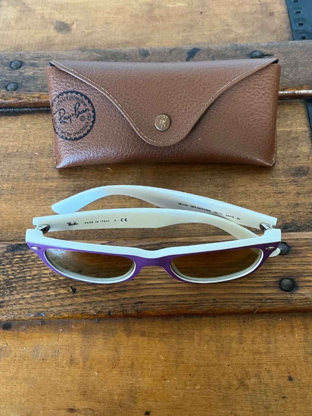 Ray Ban RB2132 New Wayfarer Purple and White and Polarized Lenses - Picture 5 of 6